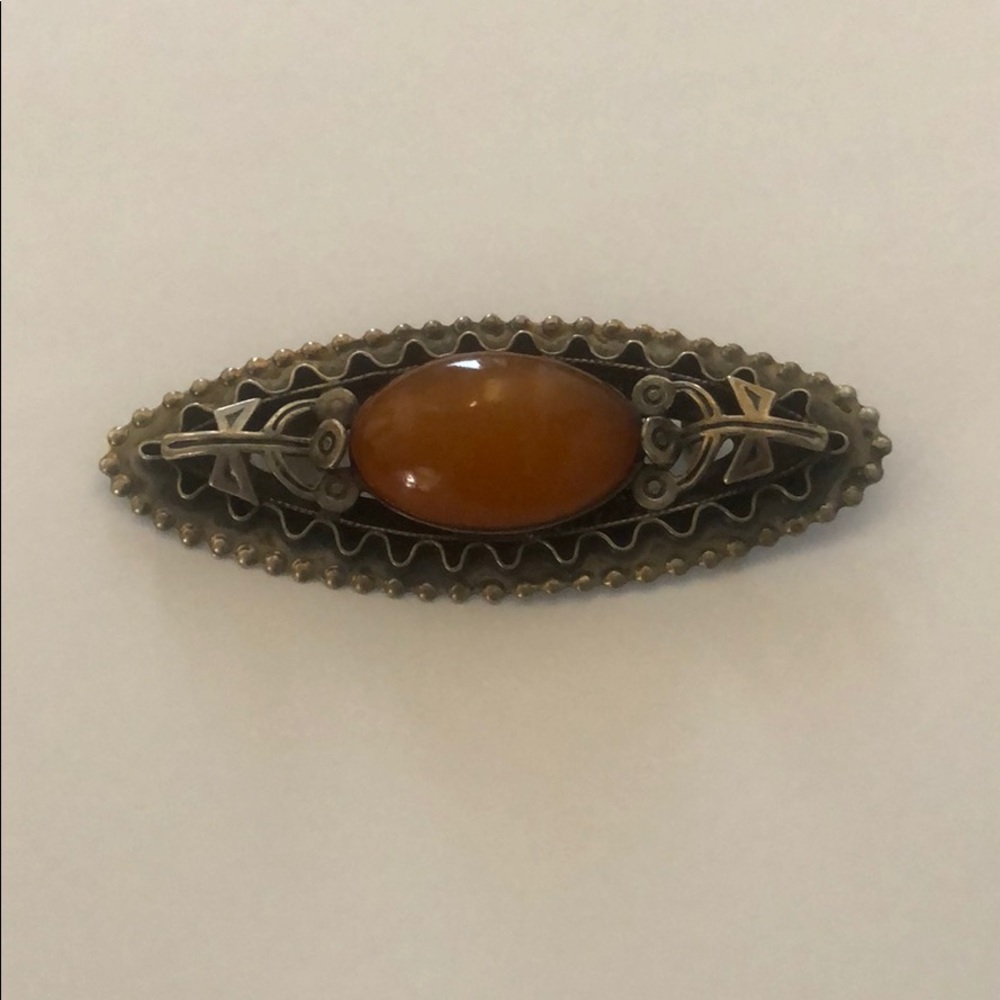 Antique Amber Sterling Silver Brooch